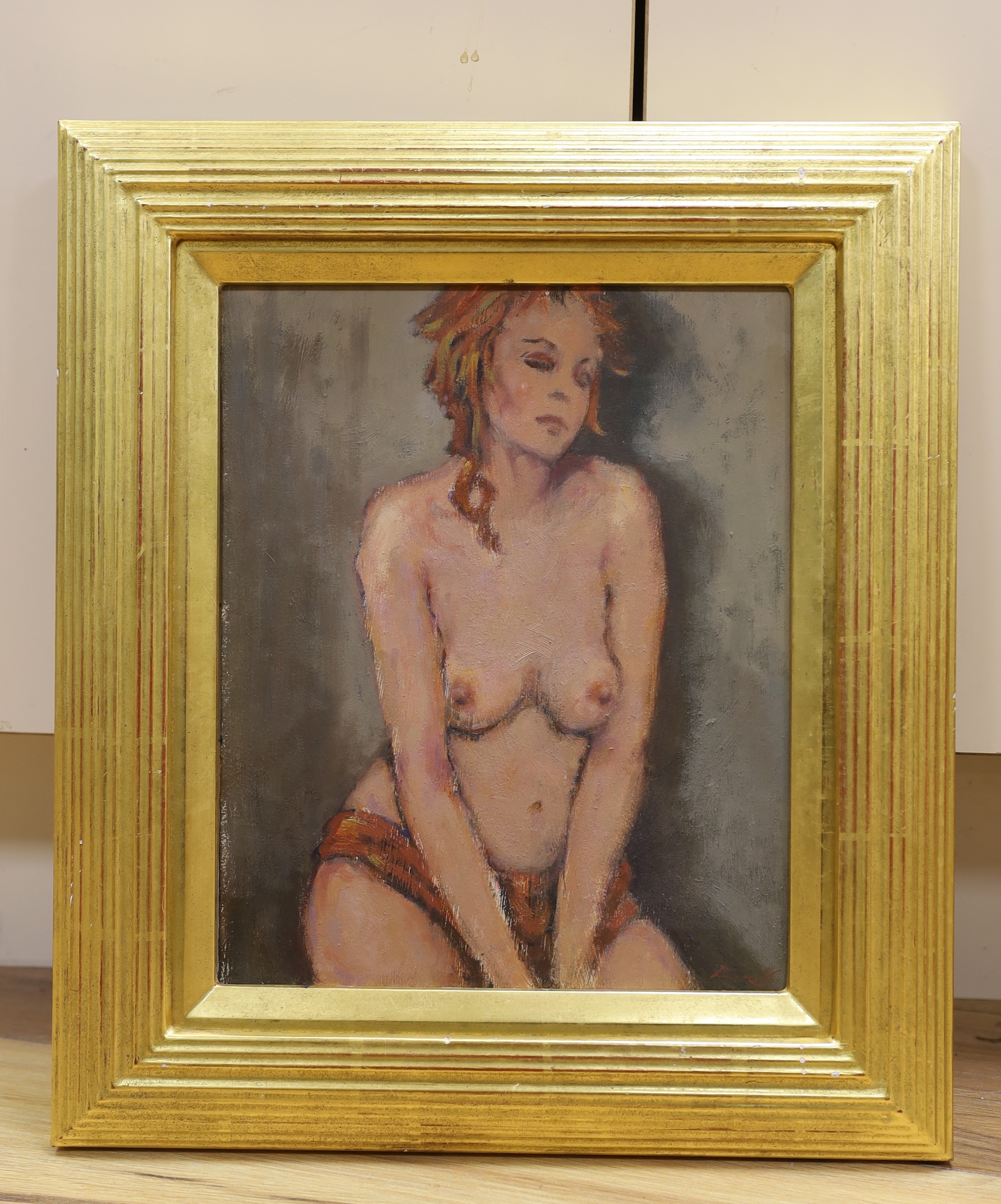 Ken Moroney (1949-2018), oil on board, Nude study, signed, Studio stamp verso, 27 x 22cm